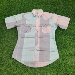 Vintage 70s LEE Snap Button Shirt S/M 20x29 Pastel Blue Pink